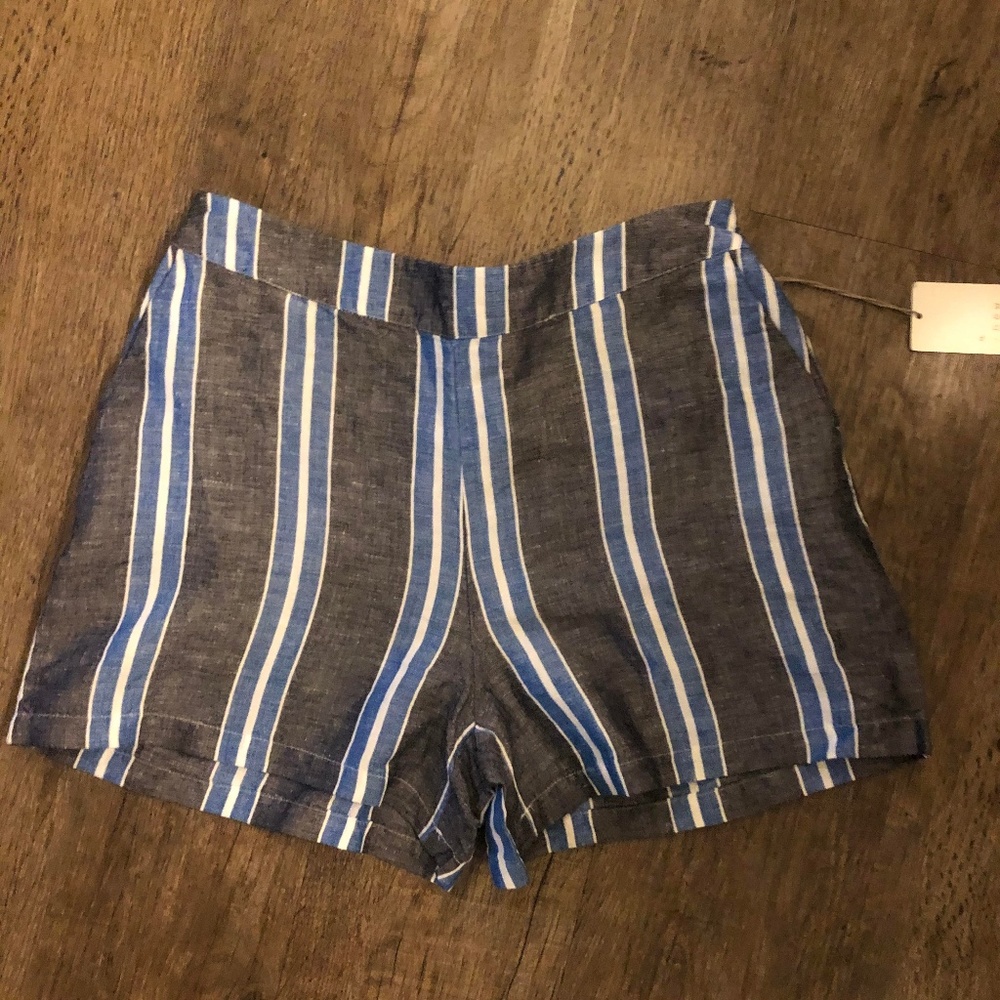 High Waisted Blue & White Striped Linen Shorts